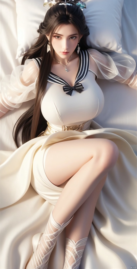 1girl,solo,long hair,breasts,looking at viewer,black hair,hair ornament,closed mouth,earrings,sharp focus,best quality,masterpiece,illustration,realistic skin,intricate details,perfect body,scenery,from above,ribbon,detached sleeves,necklace,cosplay,fox ears(Top view:1.4),(sailor uniform:1.1),cleavage of breast,arm_ribbon,on back,long hair fluttering,bed and pillow in the room,lying on the bed,lying down,full-body photo,