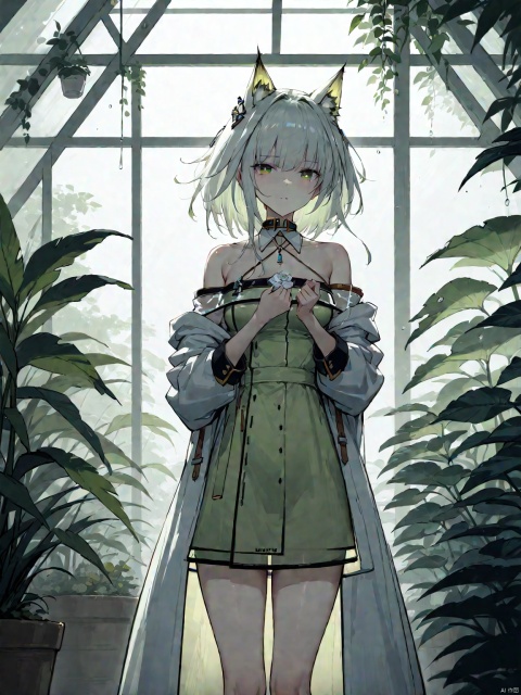  1girl,Kal'tsit,animal ears,standing,looking at viewer,beautiful,cute,bloom,ray,in greenhouse,masterpiece,extremely detailed,best quality,very aesthetic
