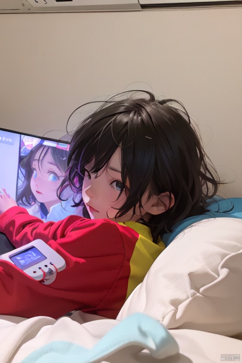 The little boy is lying on the bed, looking at the electronic monitor, with messy hair and a blue gradient at the end