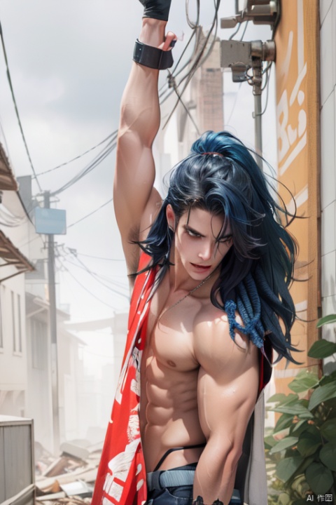Apocalyptic background, muscular lines, blue flowing hair