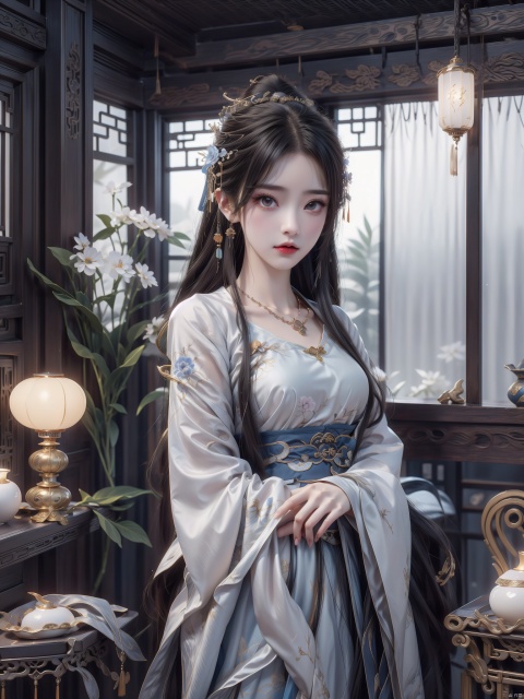 A girl with top-notch image quality, 1080p, high resolution, exquisite CG, loli girl, ancient hairstyle, air bangs, bright and beautiful eyes, long eyelashes, perfectly symmetrical face, radiant skin, long sleeved Hanfu, (blue embroidered Hanfu), (exquisite necklace), Chinese style room, classical furniture, lattice windows, curtains, ancient style, QINGYI, (\yan yu\)