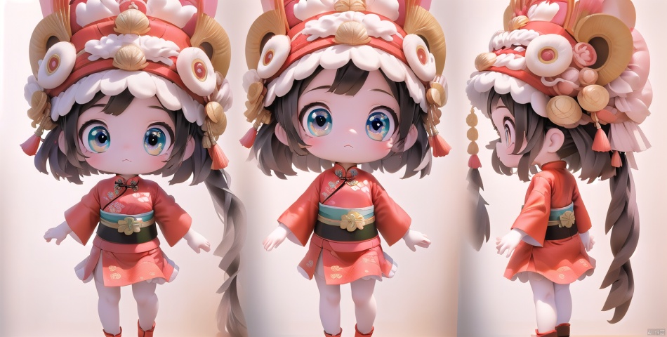 Full body, super cute girl, wearing a plush Chinese Loong hat, the Chinese the Year of the Loong, big eyes, gold coin decoration, Pixar animation, IP design, 8k, ultra fine details, resin, best quality OC rendering, 3D characters, Q-version legs, around six years old, short legs
Effect, pure white background, super detail, 3D rendering, high-definition, 8k, small Chinese Loong hat on the head, full body modeling, dress, back photo of the figurefull body,three views,front view,side view,back view