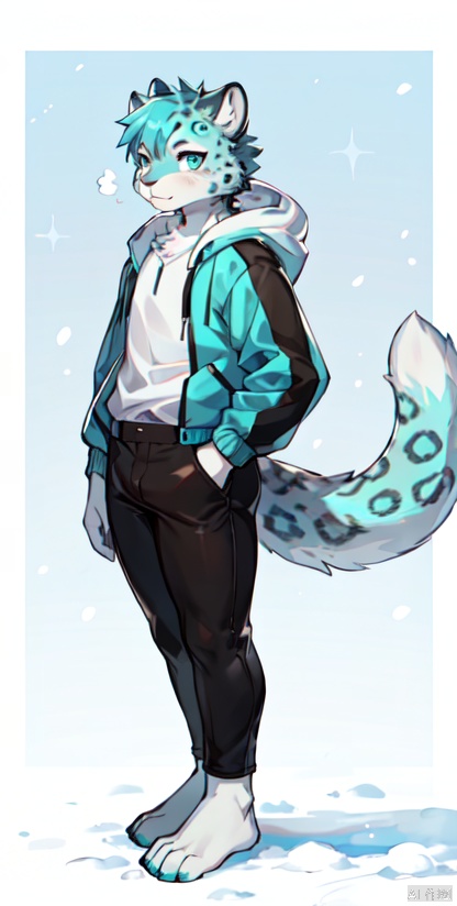 solo,male,furry,youth,very tall and strong,serious,snow leopard,cyan skin,vaked,short hair,black and cyan jackets,white underwear,black pants,persevering eyes,long snout,a big fluffy tail,bare feet,face angular,very high quality face painting,silk stockings