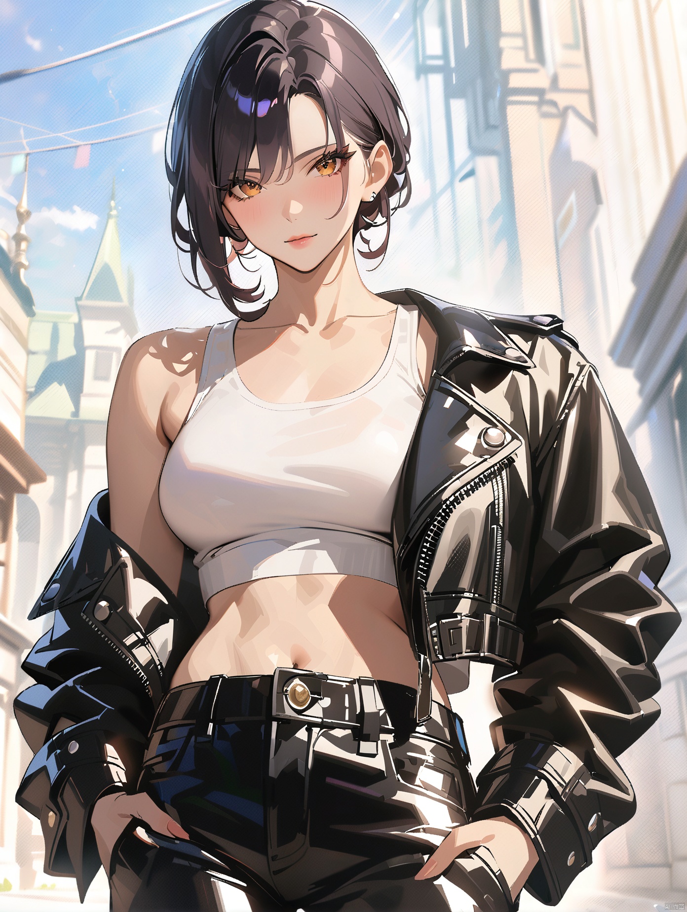  masterpiece,bestquality, (masterpiece, best quality, best shadow,official art, correct body proportions, Ultra High Definition Picture,master composition), (light), (best hands details), (breasts conscious), (bust),1girl, solo, looking at viewer, short hair, black hair, navel, jacket, cowboy shot, midriff, pants, off shoulder, mole, black eyes, black jacket, crop top, black pants, **** top, hands in pockets, leather, white **** top, leather jacket, ((mature_female)), ((mature)), outdoors, Anime, masterpiece
