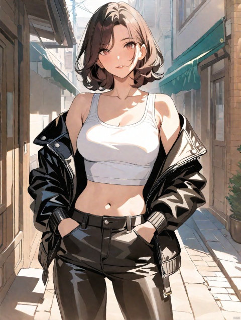  masterpiece,bestquality, (masterpiece, best quality, best shadow,official art, correct body proportions, Ultra High Definition Picture,master composition), (light), (best hands details), (breasts conscious), (bust),1girl, solo, looking at viewer, short hair, black hair, navel, jacket, cowboy shot, midriff, pants, off shoulder, mole, black eyes, black jacket, crop top, black pants, tank top, hands in pockets, leather, white tank top, leather jacket, ((mature_female)), ((mature)), outdoors, Anime, masterpiece