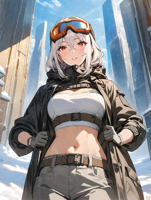  masterpiece,bestquality, (masterpiece, best quality, best shadow,official art, correct body proportions, Ultra High Definition Picture,master composition), (light), (best hands details), (breasts conscious), (bust),1girl, solo, looking at viewer, open mouth, bangs, red eyes, gloves, long sleeves, navel, hair between eyes, jacket, white hair, parted lips, open clothes, black gloves, midriff, belt, pants, outdoors, snow, open jacket, black jacket, goggles, goggles on head, grey pants, grey gloves, ((mature_female)), ((mature)), indoors, Anime, masterpiece