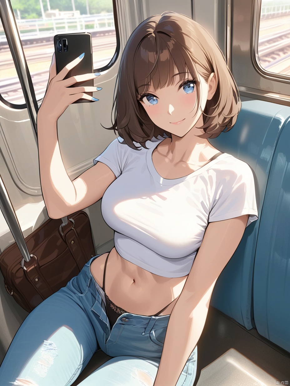 (masterpiece, best quality), 1girl, solo, breasts, smile, short hair, bangs, brown hair, shirt, navel, holding, medium breasts, sitting, closed mouth, underwear, collarbone, panties, white shirt, short sleeves, midriff, pants, bag, lips, crop top, fingernails, phone, cellphone, denim, ground vehicle, t-shirt, smartphone, blue nails, holding phone, jeans, toned, highleg panties, selfie, train interior, looking at phone, anime