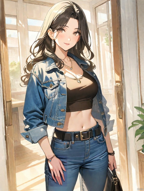  masterpiece,bestquality, (masterpiece, best quality, best shadow,official art, correct body proportions, Ultra High Definition Picture,master composition), (light), (best hands details), (breasts conscious), (bust),1girl, solo, long hair, breasts, black hair, navel, jewelry, jacket, midriff, belt, pants, necklace, bag, crop top, denim, jeans, handbag, denim jacket, ((mature_female)), ((mature)), indoors, Anime, masterpiece