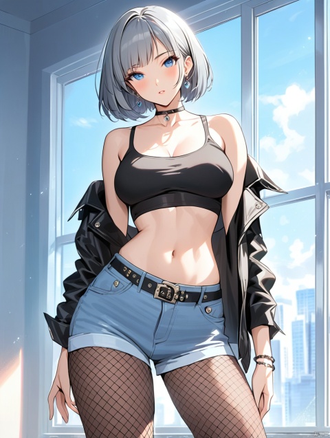 masterpiece,best quality,1girl, solo, breasts, looking at viewer, blush, short hair, bangs, blue eyes, skirt, shirt, navel, jewelry, standing, collarbone, jacket, grey hair, pantyhose, navel, stomach, cowboy shot, parted lips, open clothes, shorts, choker, midriff, belt, indoors, windows, collar, bracelet, crop top, head tilt, torn clothes, black pantyhose, black shirt, fishnets, contrapposto, (mature), (mature female), female, anime