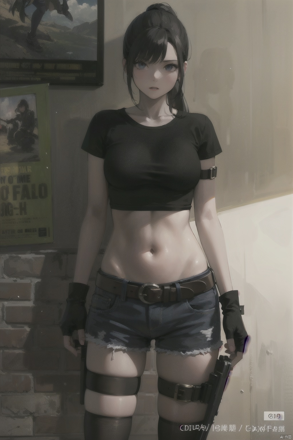  (masterpiece, best quality, best shadow,official art, correct body proportions, Ultra High Definition Picture,master composition), (light), (best hands details), (breasts conscious), (bust),1girl, solo, black hair, thighhighs, gloves, navel, ponytail, weapon, shorts, midriff, belt, fingerless gloves, english text, crop top, gun, short shorts, thigh strap, denim, handgun, denim shorts, midriff, ((mature_female)), bare_neck, ((mature)), indoors, Anime, masterpiece, fantasy