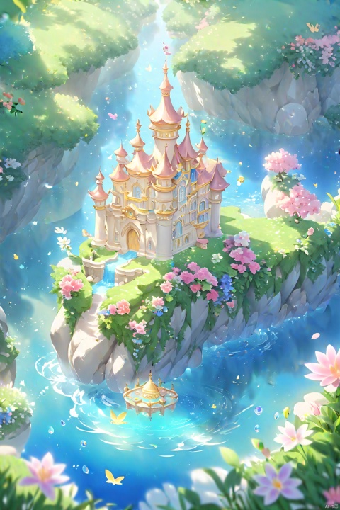  Pokémon style (extremely detailed CG unity 8k wallpaper),(((masterpiece))),(((best quality))),((ultra-detailed)),(best illustration),(best shadow),((an extremely delicate and beautiful)),dynamic angle,floating,The detailed castle,(((the best building))),mist encircles the mountains,fairyland,dynamic angle,classic,(detailed light),feather,nature,(sunlight),river,forest,flowers,beautiful and delicate water,(painting),(sketch),(bloom),(shine), . Vibrant, cute, anime, fantasy, reminiscent of Pokémon series