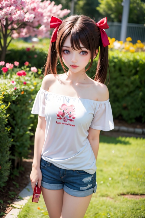 silicabase, brown hair, short twintails, red eyes, hair ribbon, t-shirt, short pants, casual, off shoulder, windy, garden, crouch