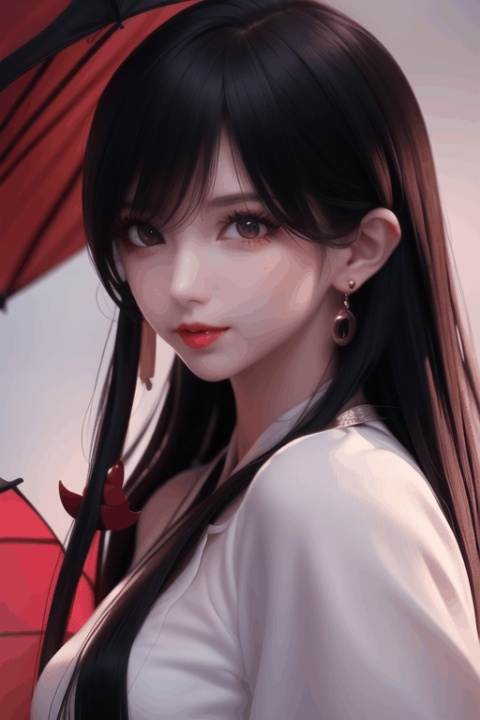 1girl, solo, long hair, looking at viewer, black hair, red eyes, long sleeves, holding, jewelry, upper body, earrings, outdoors, parted lips, japanese clothes, from side, makeup, umbrella, lipstick, holding umbrella, red lips, oil-paper umbrella, red umbrella