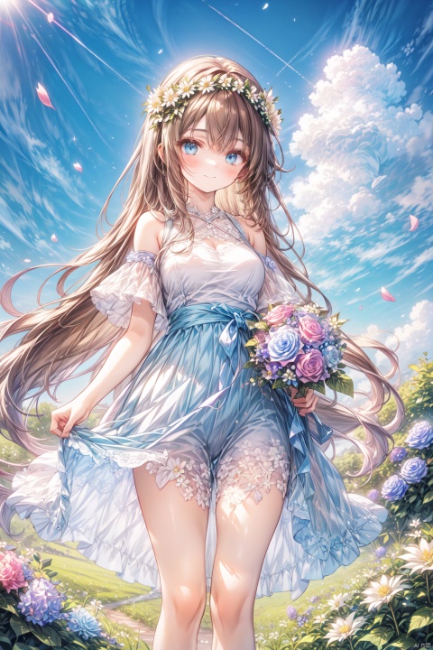 1girls,blue_flower,blue_sky,bouquet,breasts,brown_hair,closed_mouth,cloud,daisy,day,field,skirt_lift,flower,flower_field,grass,head_wreath,holding_bouquet,holding_flower,hydrangea,laurel_crown,lily_\(flower\),long_hair,looking_at_viewer,outdoors,petals,pink_flower,plant,blue_eyes,purple_flower,rose,sky,smile,solo,standing,very_long_hair,white_flower,white_rose,wreath,