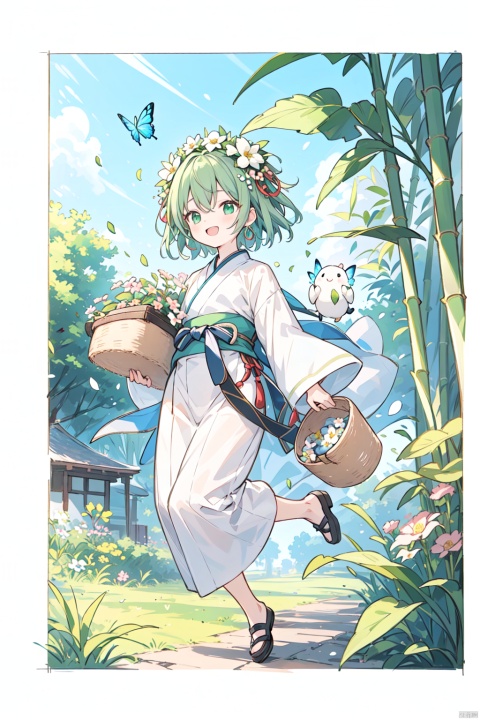  The little girl is wearing traditional Chinese Hanfu, wearing a wreath on her head, and holding a bamboo basket in her hand. She is happily jumping in the green countryside, surrounded by flowers and fluttering butterflies. The screen adopts bright color tones, with simple and clear lines, presenting a warm and happy atmosphere. Pastoral style illustrations, bright colors, simple lines,happiness,innocence,andnature.,汉服, cozy animation scenes