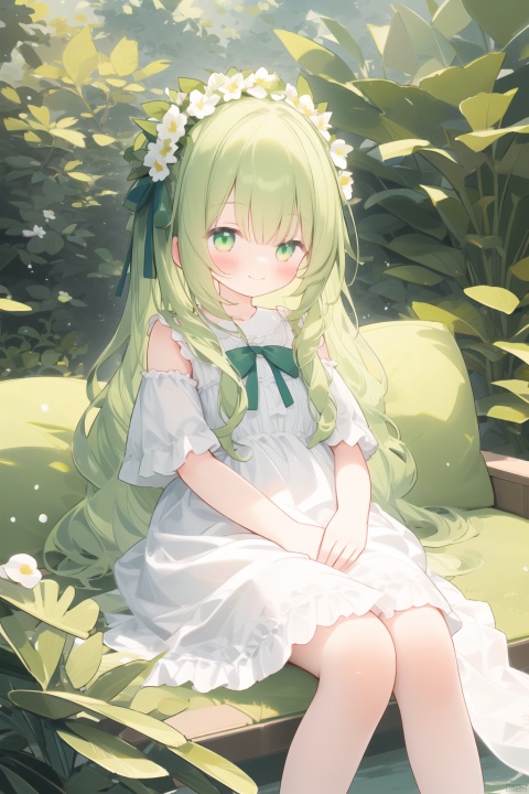  1girl, solo, best quality, secluded garden oasis, lounging on plush cushions, gentle smile, hands in lap, long wavy green hair, flower crown, flowing white sundress, serene, tranquil
