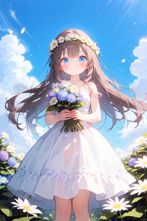  1girl, blue_flower, blue_sky, bouquet, breasts, brown_hair, closed_mouth, cloud, daisy, day, dress, field, flower, flower_field, grass, head_wreath, holding_bouquet, holding_flower, hydrangea, laurel_crown, lily_\(flower\), long_hair, looking_at_viewer, outdoors, petals, pink_flower, plant, blue_eyes, purple_flower, rose, sky, smile, solo, standing, sword, very_long_hair, white_dress, white_flower, white_rose, wreath