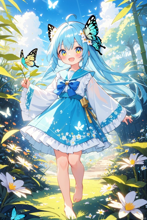  1girl,,,early teen,outdoors,smile,solo,flower,day,golden eyes,long hair,butterfly,bug,wide sleeves,sash,:d,looking at viewer,standing,open mouth,ahoge,standing on one leg,hair ornament,blue_bowtie,sailor_collar,long sleeves,floral_skirt,bangs,bamboo,hair flower,nature,barefoot,aqua hair,plant,sky,blue hair,blush,leg up,skirt,forest,animal,white flower,blue butterfly,butterfly hair ornament, cozy animation scenes