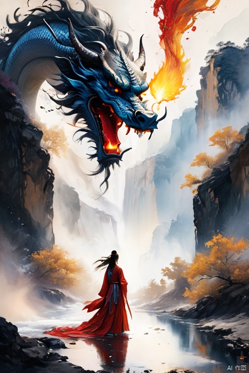  ((1 giant Chinese dragon girl:1.5))，(the dragon girl as tall as a mountain:1.3) peakUltra-wide-angle,Chinese Jin Yong's martial arts style，((Chinese Dragon girl:1.4)),Black long hair，Long legs，Red Cape，(Holding the Flame Sword:1.2)，((the dragon girl Standing on the winding road at the bottom of the canyon:1.3))，Golden Dragon Horn，Dragon tail，in a new character that embodies elements of both, chains, and silver mechanical gears in the background, people, see.The scene is grand and desolate， Black and white, ink Flow - 8k Resolution Photorealistic Masterpiece - by Aaron Horkey and Jeremy Mann - Intricately Detailed. fluid gouache painting: by Jean Baptiste Mongue: calligraphy: acrylic: colorful watercolor, cinematic lighting, maximalist photoillustration: by marton bobzert: 8k resolution concept art, intricately detailed realism, complex, elegant, expansive, fantastical and psychedelic, dripping paint , In the cracks on both sides of the canyon , night, the moon, buildings, reflections, wings, and other elements need to stay in frame,(isolate object), backlight，The cloud is a blurry palace，(Clouds cover part of the palace:1.3), (Detailed reflection
of the girl:1.5)，There are gravel in the canyon and the roads are rugged，Girl's long hair fluttering，(This girl is extremely tall:1.4)