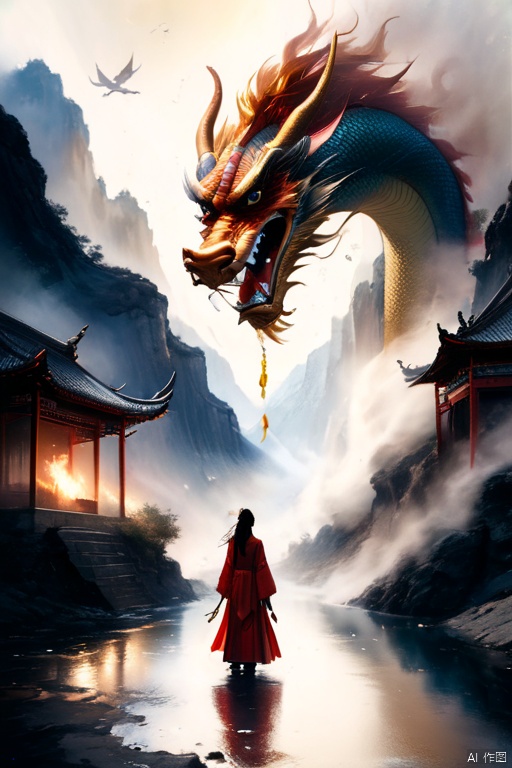  ((1 giant Chinese dragon girl:1.5))，(the dragon girl as tall as a mountain:1.3) peakUltra-wide-angle,Chinese Jin Yong's martial arts style，((Chinese Dragon girl:1.4)),Black long hair，Long legs，Red Cape，(Holding the Flame Sword:1.2)，((the dragon girl Standing on the winding road at the bottom of the canyon:1.3))，Golden Dragon Horn，Dragon tail，in a new character that embodies elements of both, chains, and silver mechanical gears in the background, people, see.The scene is grand and desolate， Black and white, ink Flow - 8k Resolution Photorealistic Masterpiece - by Aaron Horkey and Jeremy Mann - Intricately Detailed. fluid gouache painting: by Jean Baptiste Mongue: calligraphy: acrylic: colorful watercolor, cinematic lighting, maximalist photoillustration: by marton bobzert: 8k resolution concept art, intricately detailed realism, complex, elegant, expansive, fantastical and psychedelic, dripping paint , In the cracks on both sides of the canyon , night, the moon, buildings, reflections, wings, and other elements need to stay in frame,(isolate object), backlight，The cloud is a blurry palace，(Clouds cover part of the palace:1.3), (Detailed reflection
of the girl:1.5)，There are gravel in the canyon and the roads are rugged，Girl's long hair fluttering，(This girl is extremely tall:1.4)