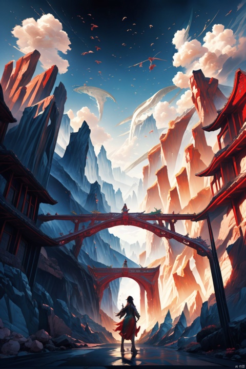  Ultra-wide-angle,Chinese Jin Yong's martial arts style，((Chinese Dragon girl:1.4)),Black long hair，Long legs，Red Cape，(Holding the Flame Sword:1.2)，((the girl Standing on the winding road at the bottom of the canyon:1.3))，Golden Dragon Horn，Dragon tail，in a new character that embodies elements of both, chains, and silver mechanical gears in the background, people, see.The scene is grand and desolate， Black and white, ink Flow - 8k Resolution Photorealistic Masterpiece - by Aaron Horkey and Jeremy Mann - Intricately Detailed. fluid gouache painting: by Jean Baptiste Mongue: calligraphy: acrylic: colorful watercolor, cinematic lighting, maximalist photoillustration: by marton bobzert: 8k resolution concept art, intricately detailed realism, complex, elegant, expansive, fantastical and psychedelic, dripping paint , In the cracks on both sides of the canyon , night, the moon, buildings, reflections, wings, and other elements need to stay in frame,(isolate object), backlight，The cloud is a blurry palace，(Clouds cover part of the palace:1.3)