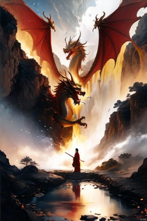  ((1 giant Chinese dragon girl:1.5))，(the dragon girl as tall as a mountain:1.3) peakUltra-wide-angle,Chinese Jin Yong's martial arts style，((Chinese Dragon girl:1.4)),Black long hair，Long legs，Red Cape，(Holding the Flame Sword:1.2)，((the dragon girl Standing on the winding road at the bottom of the canyon:1.3))，Golden Dragon Horn，Dragon tail，in a new character that embodies elements of both, chains, and silver mechanical gears in the background, people, see.The scene is grand and desolate， Black and white, ink Flow - 8k Resolution Photorealistic Masterpiece - by Aaron Horkey and Jeremy Mann - Intricately Detailed. fluid gouache painting: by Jean Baptiste Mongue: calligraphy: acrylic: colorful watercolor, cinematic lighting, maximalist photoillustration: by marton bobzert: 8k resolution concept art, intricately detailed realism, complex, elegant, expansive, fantastical and psychedelic, dripping paint , In the cracks on both sides of the canyon , night, the moon, buildings, reflections, wings, and other elements need to stay in frame,(isolate object), backlight，The cloud is a blurry palace，(Clouds cover part of the palace:1.3), (Detailed reflection
of the girl:1.5)，There are gravel in the canyon and the roads are rugged，Girl's long hair fluttering，(This girl is extremely tall:1.4)
