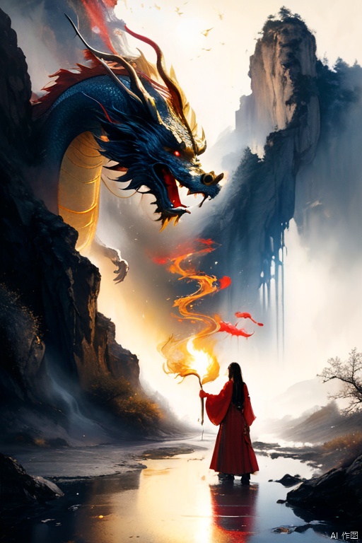  ((1 giant Chinese dragon girl:1.5))，(the dragon girl as tall as a mountain:1.3) peakUltra-wide-angle,Chinese Jin Yong's martial arts style，Golden Dragon，((Chinese Dragon girl:1.4)),Black long hair，Long legs，Red Cape，(Holding the Flame Sword:1.2)，((the dragon girl Standing on the winding road at the bottom of the canyon:1.3))，Golden Dragon Horn，Dragon tail，in a new character that embodies elements of both, chains, and silver mechanical gears in the background, people, see.The scene is grand and desolate， Black and white, ink Flow - 8k Resolution Photorealistic Masterpiece - by Aaron Horkey and Jeremy Mann - Intricately Detailed. fluid gouache painting: by Jean Baptiste Mongue: calligraphy: acrylic: colorful watercolor, cinematic lighting, maximalist photoillustration: by marton bobzert: 8k resolution concept art, intricately detailed realism, complex, elegant, expansive, fantastical and psychedelic, dripping paint , In the cracks on both sides of the canyon , night, the moon, buildings, reflections, wings, and other elements need to stay in frame,(isolate object), backlight，The cloud is a blurry palace，(Clouds cover part of the palace:1.3), (Detailed reflection
of the girl:1.5)，There are gravel in the canyon and the roads are rugged，Girl's long hair fluttering，(This girl is extremely tall:1.4)