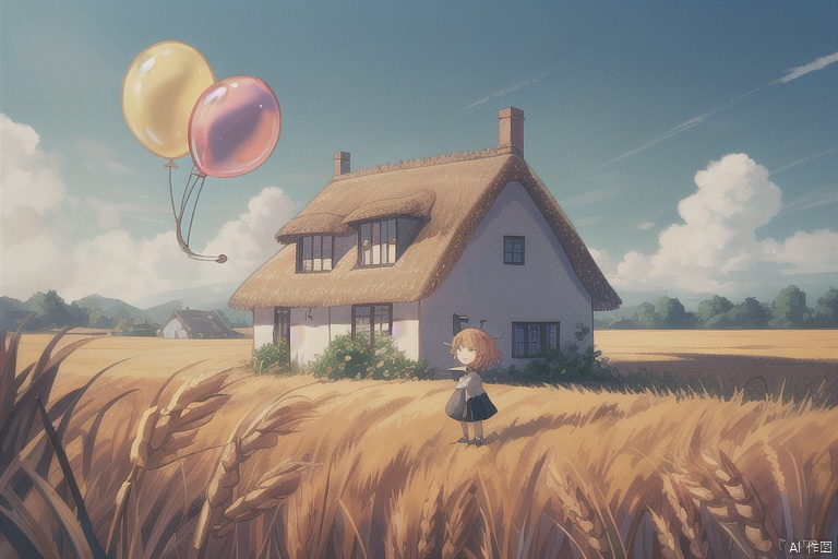  A little girl standing in a wheat field, holding a balloon in her hand, could see a thatched cottage at the end of the field,8k