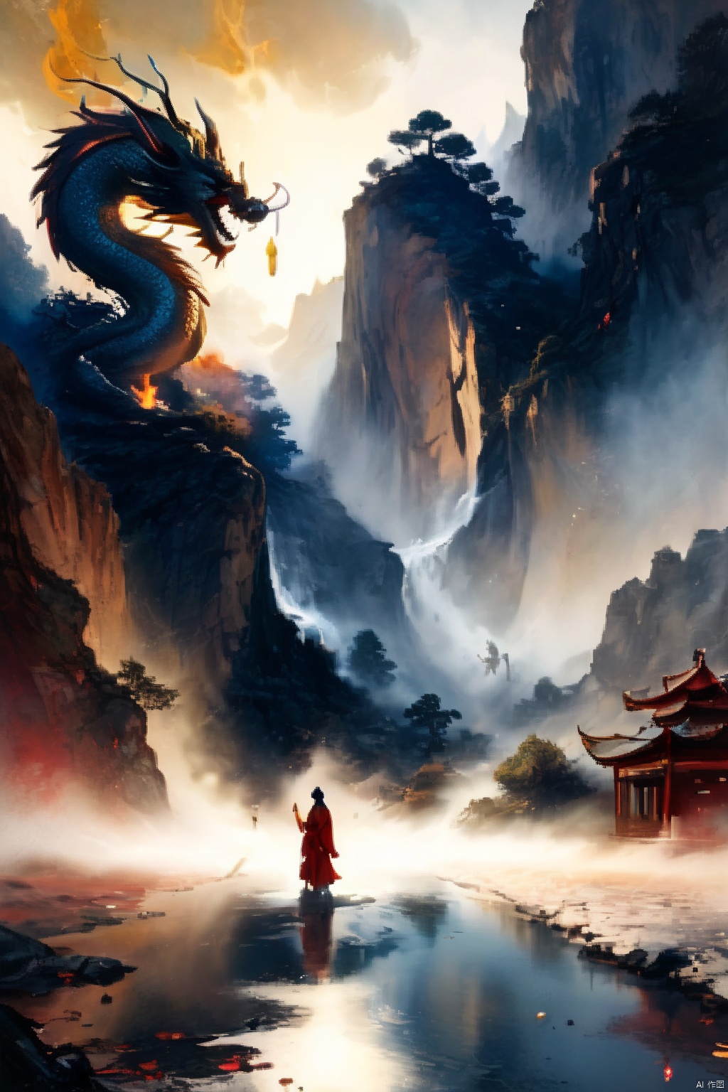  ((1 giant Chinese dragon girl:1.5))，(the dragon girl as tall as a mountain:1.3) peakUltra-wide-angle,Chinese Jin Yong's martial arts style，Golden Dragon，((Chinese Dragon girl:1.4)),Black long hair，Long legs，Red Cape，(Holding the Flame Sword:1.2)，((the dragon girl Standing on the winding road at the bottom of the canyon:1.3))，Golden Dragon Horn，Dragon tail，in a new character that embodies elements of both, chains, and silver mechanical gears in the background, people, see.The scene is grand and desolate， Black and white, ink Flow - 8k Resolution Photorealistic Masterpiece - by Aaron Horkey and Jeremy Mann - Intricately Detailed. fluid gouache painting: by Jean Baptiste Mongue: calligraphy: acrylic: colorful watercolor, cinematic lighting, maximalist photoillustration: by marton bobzert: 8k resolution concept art, intricately detailed realism, complex, elegant, expansive, fantastical and psychedelic, dripping paint , In the cracks on both sides of the canyon , night, the moon, buildings, reflections, wings, and other elements need to stay in frame,(isolate object), backlight，The cloud is a blurry palace，(Clouds cover part of the palace:1.3), (Detailed reflection
of the girl:1.5)，There are gravel in the canyon and the roads are rugged，Girl's long hair fluttering，(This girl is extremely tall:1.4)