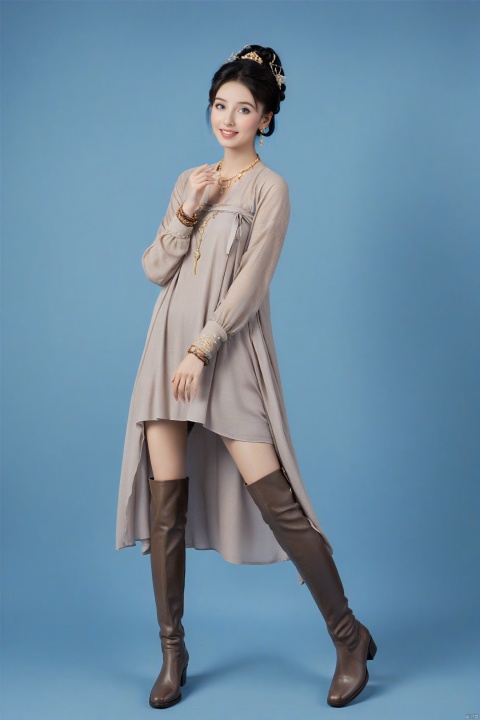 1girl, solo, black-hair, Intellectually,Elegant, contrasting,short hair,necklace,light smile, looking at viewer, (natural skin texture, soft light, sharp),  High resolution, chocolae light, hanfu,,full body,exposed gray thigh boots,(gray leather thighhigh_boots ) ,((Hasselblad photography)), duobaca, (straight-on,1.2),cowboy shot, cinematic lighting, Sony FE, depth of field, Fujicolor, anatomically correct, textured skin, award winning, best quality,  (Klein blue background:1.5),retina,duobaca,tutuzz,blue_IDphoto,business suit ,Exquisite earrings,Hair ornaments,Exquisite hair accessories,Gem,bracelet,Gorgeous earrings, diamond necklaces, bracelets,Gold Big Earrings, bracelet studded with gemstones,long legs,Powder blusher, flush, masterpiece, ultra high details, wallpaper, best quality, ultra highres, 8K RAW photo, ultra high resolution, sharp focus, studio light, (photo realistic:1.4),(masterpiece, top quality, best quality, official art, beautiful and aesthetic:1.2), 