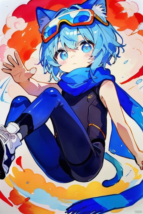  score_9,score_8_up,score_7_up,score_6_up,score_5_up,
1boy,blue cat ears shota,solo,blue tail,blue pupils,(Light blue) hair,
(black sleeveless ((blue stripes) bodysuit)),blue scarf_over_mouth,sneakers,((safety goggle) on head),
Perfect Hands, watercolor,chinese,traditional