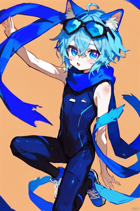  score_9,score_8_up,score_7_up,score_6_up,score_5_up,
1boy,blue cat ears young boy,solo,blue tail,blue pupils,(Light blue) hair,
(black sleeveless ((blue stripes) bodysuit)),blue scarf_over_mouth,sneakers,torn clothes,((safety goggle) on head),
Perfect Hands,