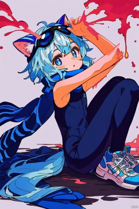  score_9,score_8_up,score_7_up,score_6_up,score_5_up,
1boy,blue cat ears young boy,solo,blue tail,blue pupils,(Light blue) hair,
(black sleeveless ((blue stripes) bodysuit)),blue scarf_over_mouth,sneakers,torn clothes,((safety goggle) on head),
Perfect Hands, ink wash painting