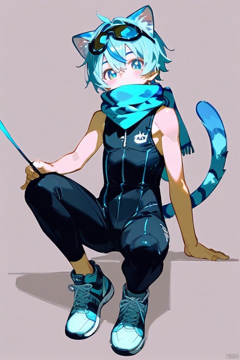  score_9,score_8_up,score_7_up,score_6_up,score_5_up,
1boy,blue cat ears young boy,solo,blue tail,blue pupils,(Light blue) hair,
(black sleeveless ((blue stripes) bodysuit)),blue scarf_over_mouth,sneakers,torn clothes,((safety goggle) on head),
Perfect Hands, ink wash painting
