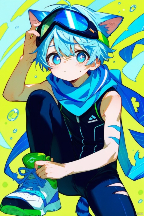  score_9,score_8_up,score_7_up,score_6_up,score_5_up,
blue cat ears young boy,solo,blue tail,blue pupils,(Light blue) hair,
(black sleeveless ((blue stripes) bodysuit)),blue scarf_over_mouth,sneakers,torn clothes,green (safety goggle) on head,
Perfect Hands,