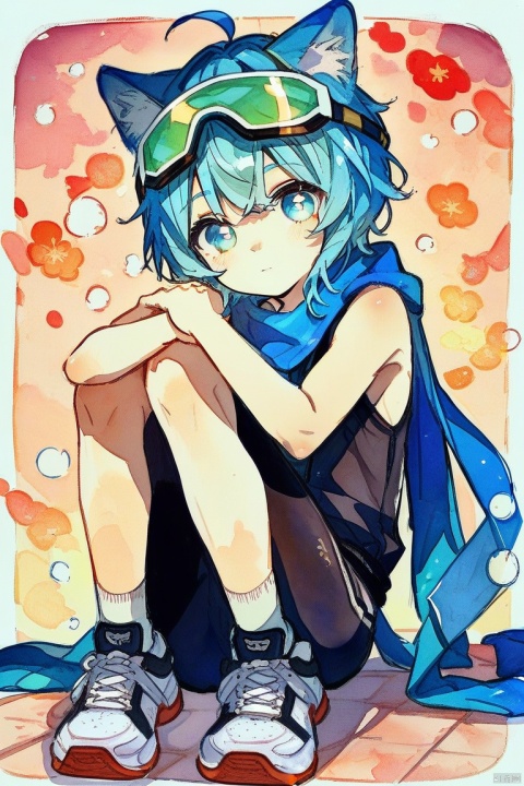  score_9,score_8_up,score_7_up,score_6_up,score_5_up,
1boy,blue cat ears shota,solo,blue tail,blue pupils,(Light blue) hair,
(black sleeveless bodysuit),(blue scarf on arm),sneakers,((safety goggle) on head),
Perfect Hands, watercolor,chinese,traditional