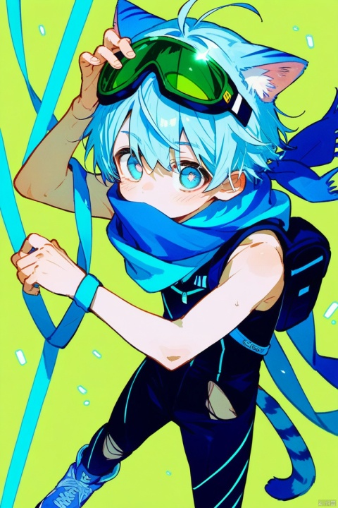 score_9,score_8_up,score_7_up,score_6_up,score_5_up,
blue cat ears young boy,solo,blue tail,blue pupils,(Light blue) hair,
(black sleeveless ((blue stripes) bodysuit)),blue scarf_over_mouth,sneakers,torn clothes,green (safety goggle) on head,
Perfect Hands,