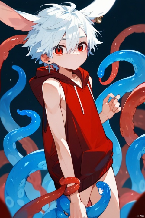  score_9,score_8_up,score_7_up,score_6_up,score_5_up,
solo,young boy,lop rabbit ear,((ear down))
white hair,red eyes,
red sleeveless_hoodie,
(entangled) by (translucent) [blue] tentacles,