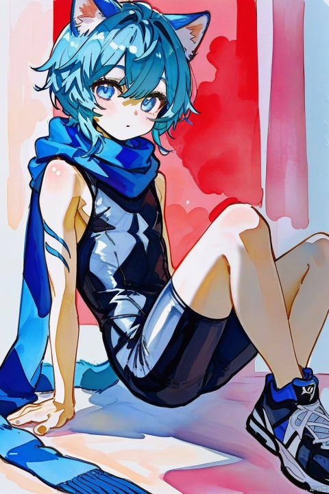  score_9,score_8_up,score_7_up,score_6_up,score_5_up,
1boy,blue cat ears shota,solo,blue tail,blue pupils,(Light blue) hair,
(black sleeveless ((blue stripes) bodysuit),(blue scarf on arm),sneakers,((safety goggle) on head),
Perfect Hands, watercolor,chinese,traditional