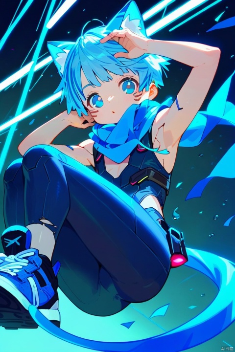  score_9,score_8_up,score_7_up,score_6_up,score_5_up,
1boy,blue cat ears young boy,solo,blue tail,blue pupils,(Light blue) hair,
(black sleeveless ((blue stripes) bodysuit)),blue scarf_over_mouth,sneakers,torn clothes,((safety goggle) on head),
Perfect Hands, Cyberpunk