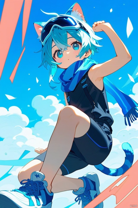  score_9,score_8_up,score_7_up,score_6_up,score_5_up,
1boy,blue cat ears young boy,solo,blue tail,blue pupils,(Light blue) hair,
(black sleeveless ((blue stripes) bodysuit)),blue scarf_over_mouth,sneakers,torn clothes,((safety goggle) on head),
Perfect Hands, MakotoShinkai