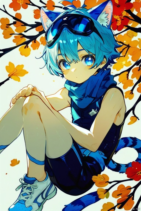  score_9,score_8_up,score_7_up,score_6_up,score_5_up,
1boy,blue cat ears young boy,solo,blue tail,blue pupils,(Light blue) hair,
(black sleeveless ((blue stripes) bodysuit)),blue scarf_over_mouth,sneakers,torn clothes,((safety goggle) on head),
Perfect Hands, watercolor,chinese,traditional