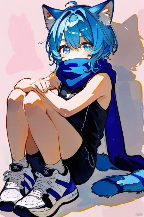  score_9,score_8_up,score_7_up,score_6_up,score_5_up,
1boy,blue cat ears shota,solo,blue tail,blue pupils,(Light blue) hair,
(black sleeveless ((blue stripes) bodysuit),(blue scarf over mouth),sneakers,((safety goggle) on head),
Perfect Hands, watercolor,chinese,traditional