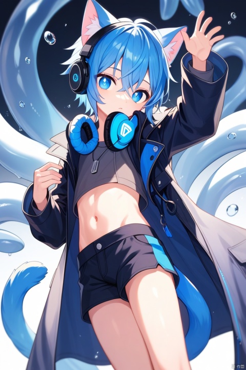 score_9,score_8_up,score_7_up,score_6_up,score_5_up,
blue cat ears young boy,solo,blue tail,blue pupils,blue hair,
headphones around neck,midriff,long_coat,light colored shorts,
(Translucent) tentacles,