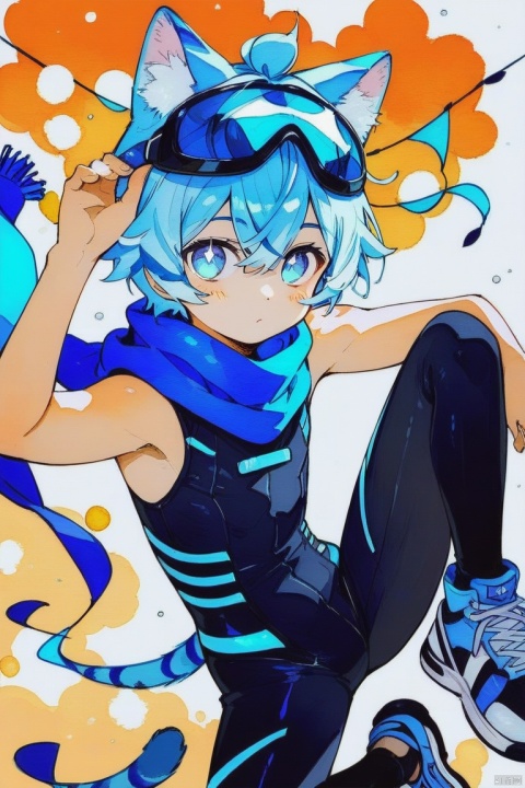  score_9,score_8_up,score_7_up,score_6_up,score_5_up,
1boy,blue cat ears young boy,solo,blue tail,blue pupils,(Light blue) hair,
(black sleeveless ((blue stripes) bodysuit)),blue scarf_over_mouth,sneakers,torn clothes,((safety goggle) on head),
Perfect Hands, watercolor