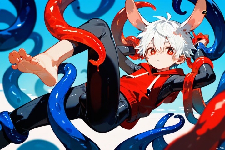  score_9,score_8_up,score_7_up,score_6_up,score_5_up,
solo,young boy,lop rabbit ear,((ear down))
white hair,red eyes,
red sleeveless_hoodie,(black sleeveless bodysuit),
(entangled) by (translucent) [blue] tentacles, barefoot