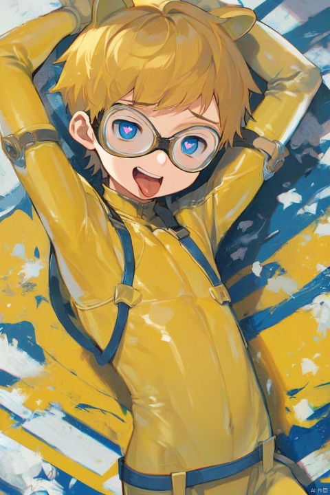  score_9,score_8_up,score_7_up,score_6_up,score_5_up,source_anime,8k,
(solo),male focus,yellow (bear ears: 1.2), shota,blue pupils,yellow (short_hair: 1.5),
yellow latex bodysuit,v,ski goggles,
heart-shaped pupils,fucked silly,tongue out,
unfinished, missionary, (\ji jian\)