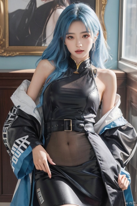  1girl, solo, long hair, looking at viewer, skirt, shirt, standing, jacket, blue shirt, light blue hair, newspaper, newspaper wall, lips, wall, gray wall, newspaper are covered with walls, put one hand in pocket, body close to the wall, sleeves past wrists, grey eyes, red lips, mjuanlian, (/qingning/), (\ji jian\), (/qingning/), babata, (\shen ming shao nv\), mtianmei, depth of field, pf-hd