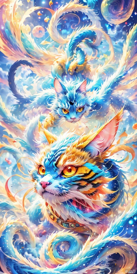  Round and rolling, not a cat, cute,Tuanzi,masterpiece,best quality,binary code, particle_effect, transparent, A living body of code,colorful,highest detailed,realistic anime art style, 2D ConceptualDesign, cat, fazhen, Sky Fantasy, long