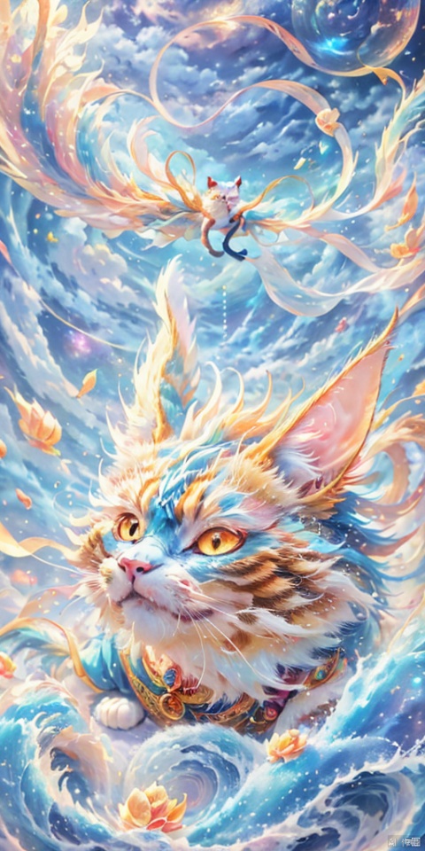 Round and rolling, not a cat, cute,Tuanzi,masterpiece,best quality,binary code, particle_effect, transparent, A living body of code,colorful,highest detailed,realistic anime art style, 2D ConceptualDesign, cat, fazhen, Sky Fantasy, long